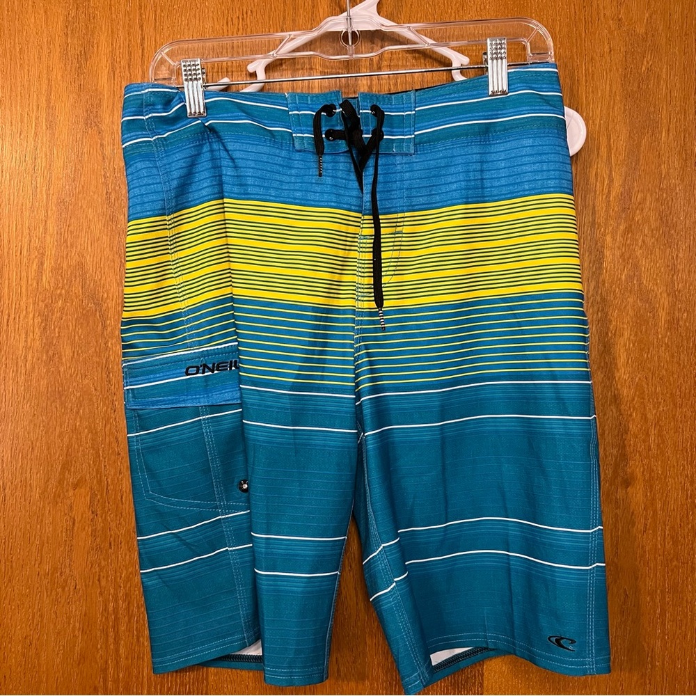NEW O'NEILL sz 28  blue yellow‎ stripe GRENADA board shorts swim stretch